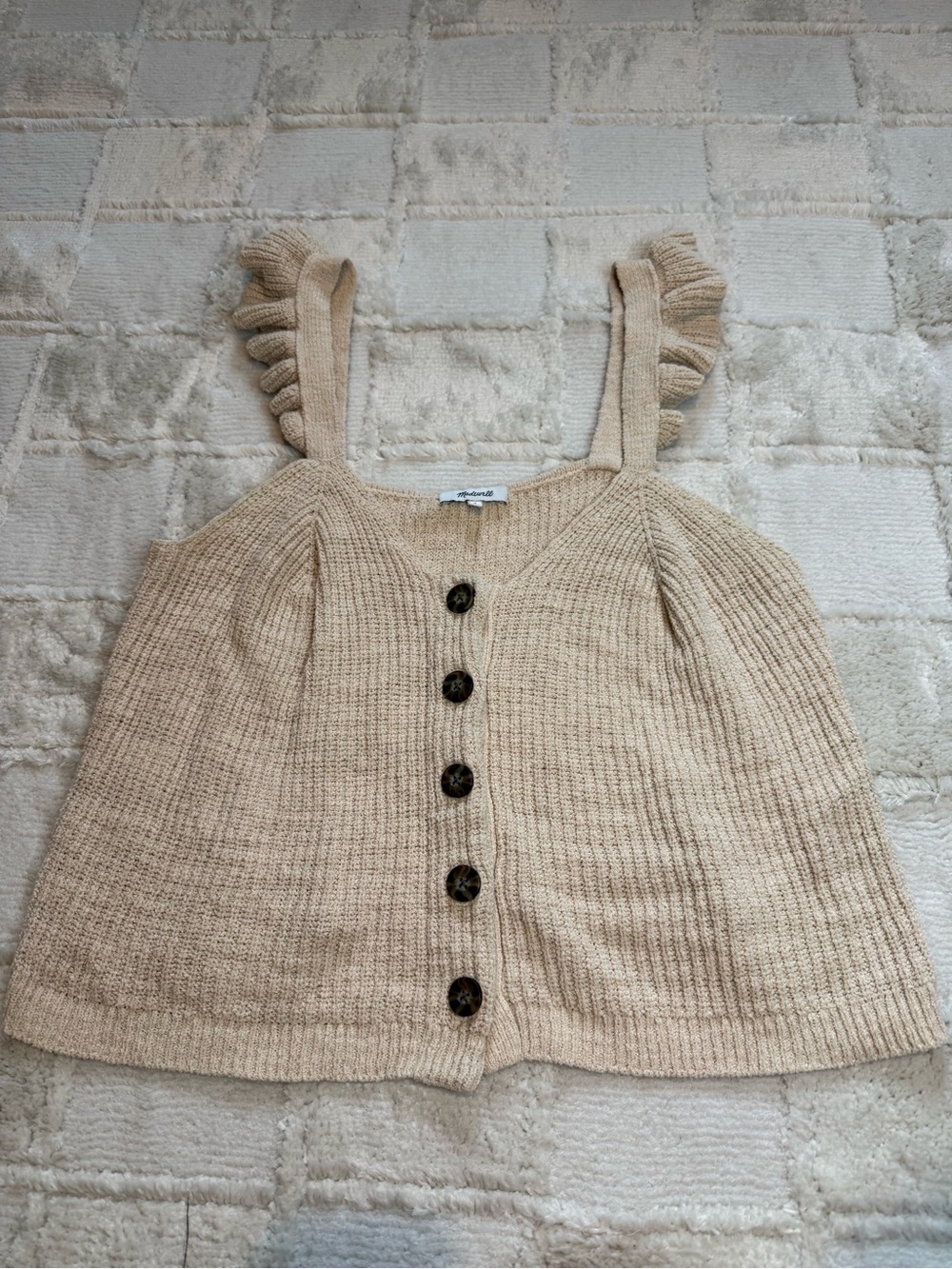 Madewell Cropped Ruffled Strap Knit Button-Front Tank - Beige Size Medium